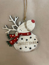 Load image into Gallery viewer, Wooden reindeer with scarf and saying
