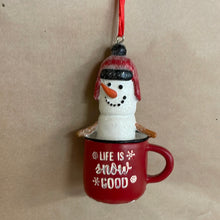 Load image into Gallery viewer, Snowman in a mug ornament
