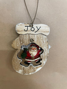 Joy-  Santa with Candy cane in a wood mitt Christmas Tree Ornament