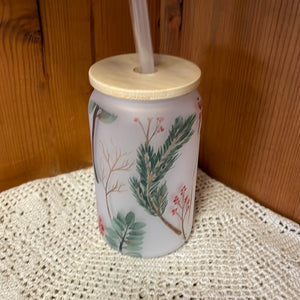 Christmas 13oz glass frostie with bamboo lid and straw